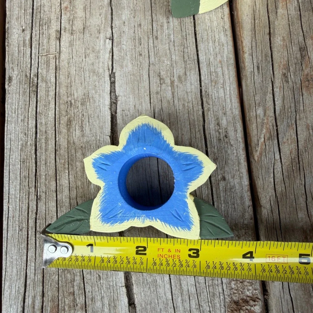 Vtg Floral Wooden Napkin Rings 8 Set Blue Yellow Hand Painted Rustic Cottagecore